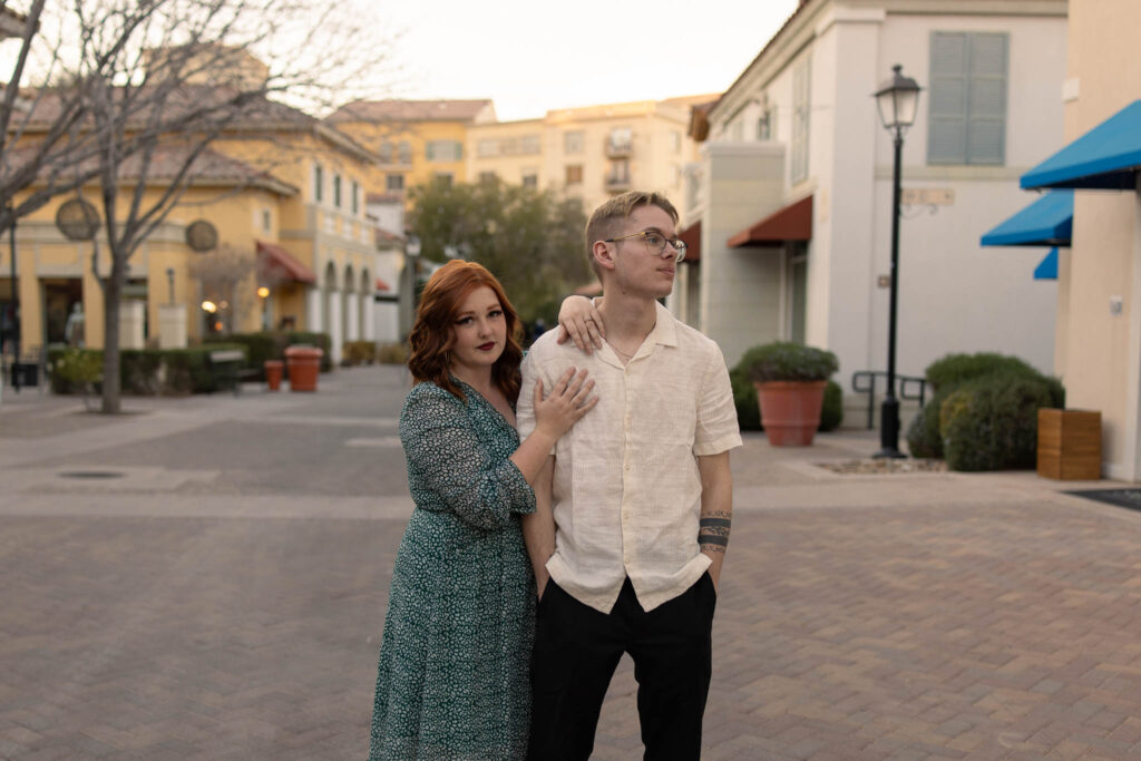 couple doing a GQ pose in the streets of lake las vegas taken by wedding photographer alexis dean