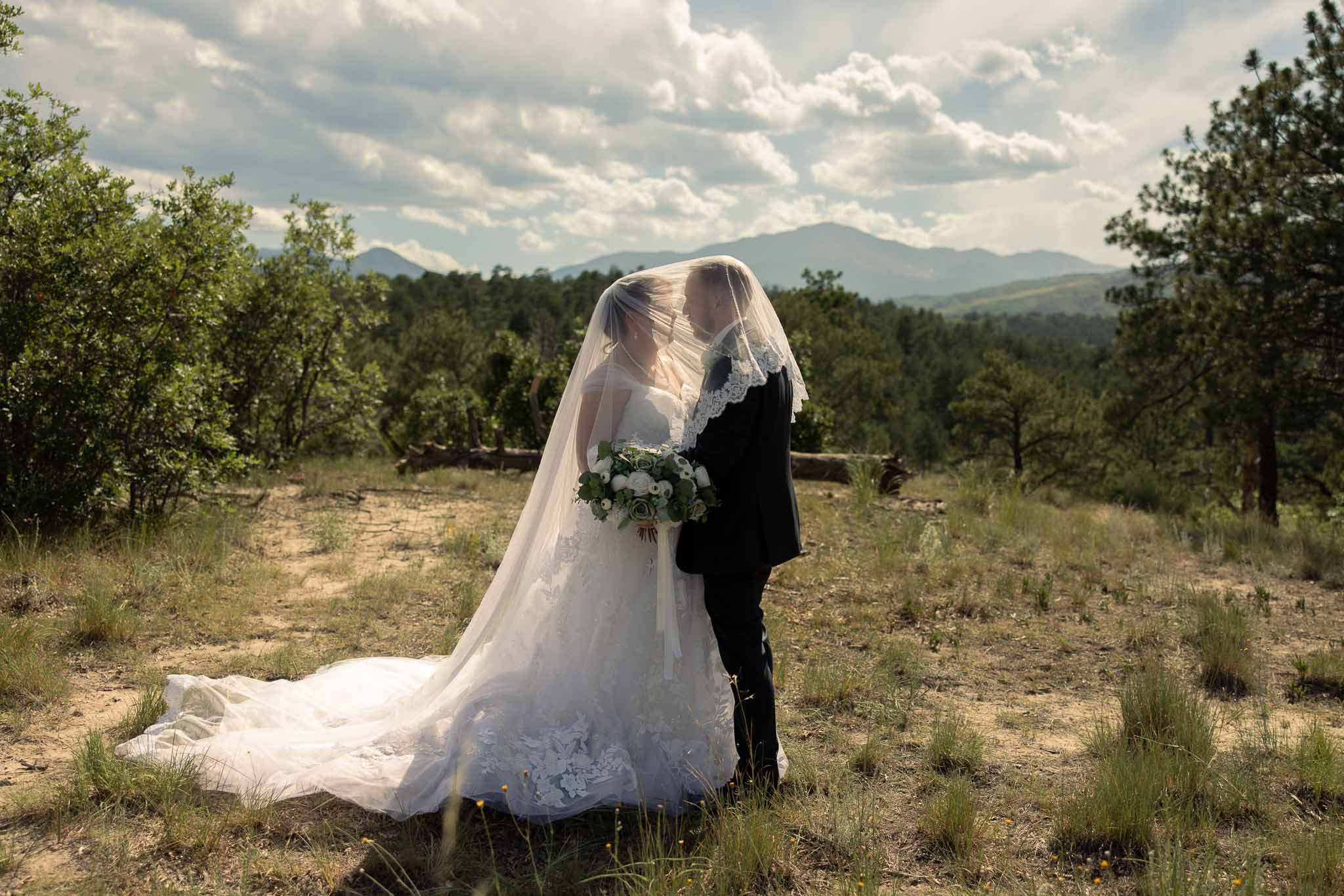 bride and groom under the veil in front of Pikes Peak